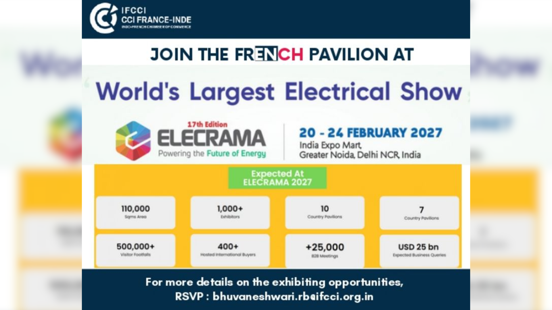 Invitation to exhibit in French Pavilion at ELECRAMA 2027
